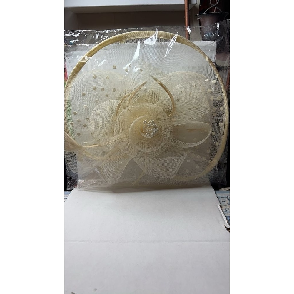 Vintage Ivory Mesh Hat with Floral Design 11x9 Inch